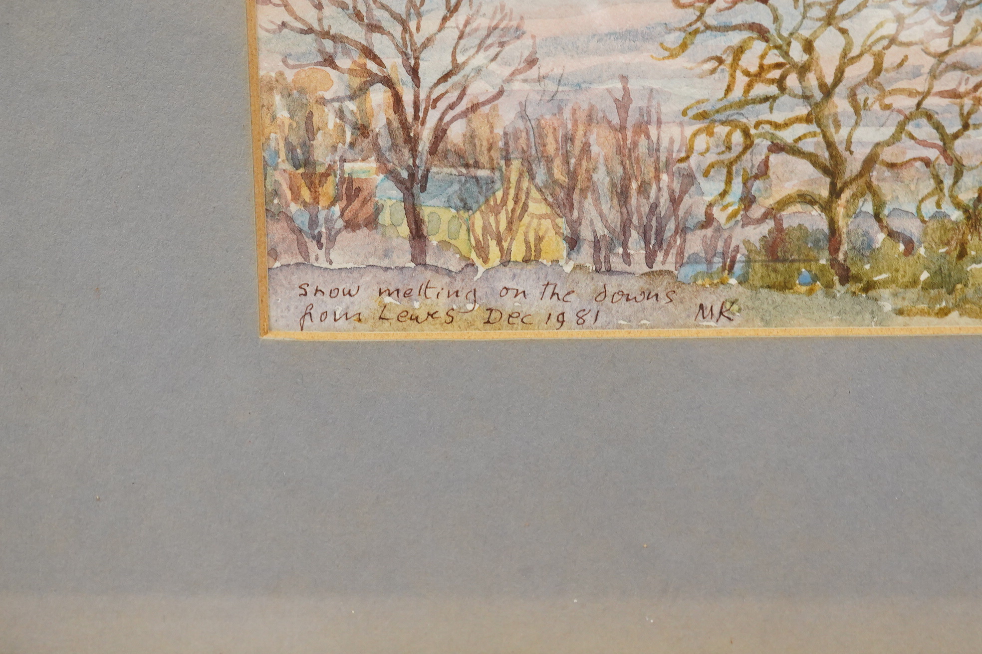 Maud Kennedy (20th / 21st C.), ‘Snow Melting on the Downs From Lewes Dec 1981’, watercolour, 13.5 x 20cm